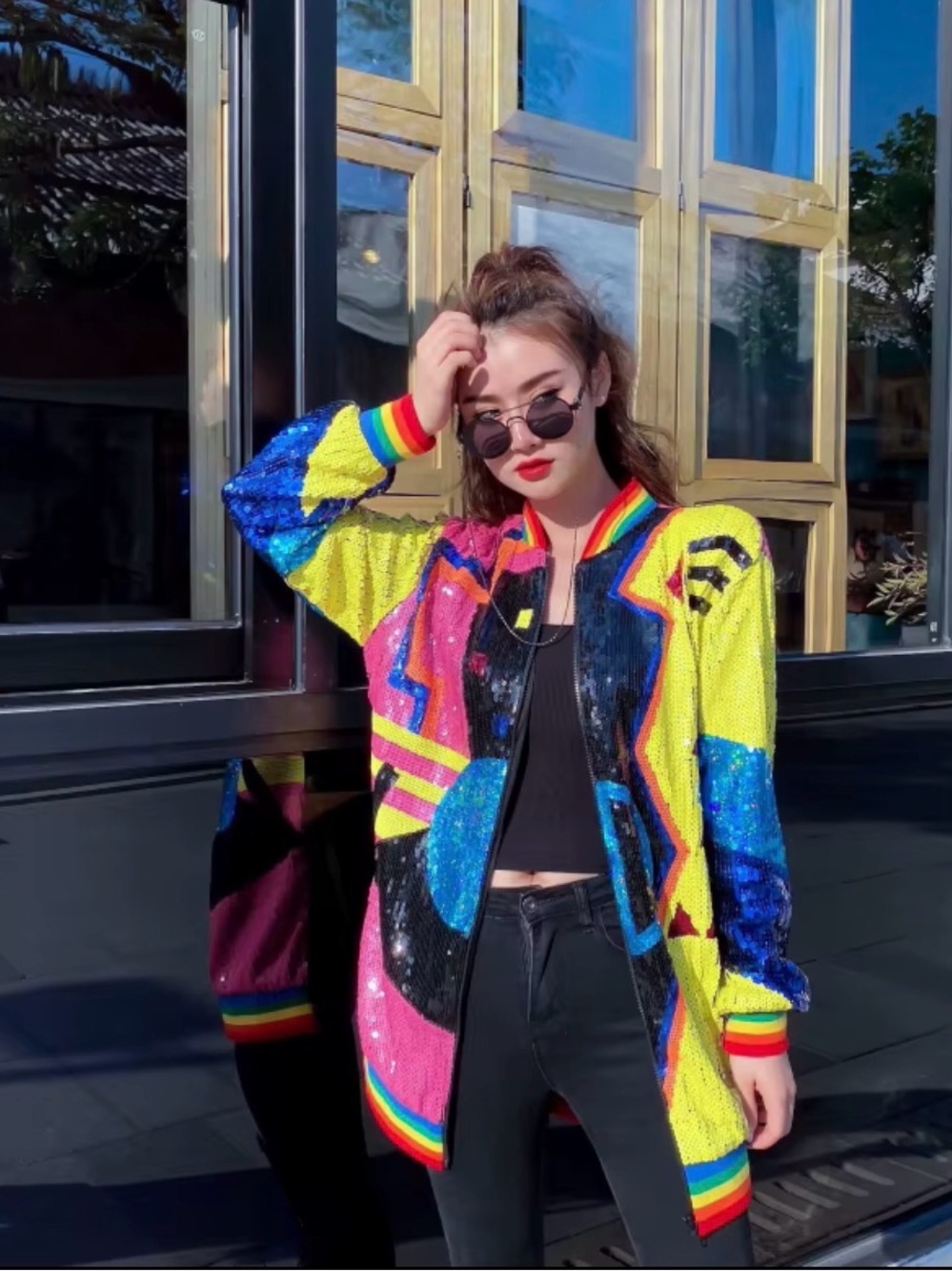 Sequin Colorblock Bomber Jacket - Multi - Picture 2 of 5